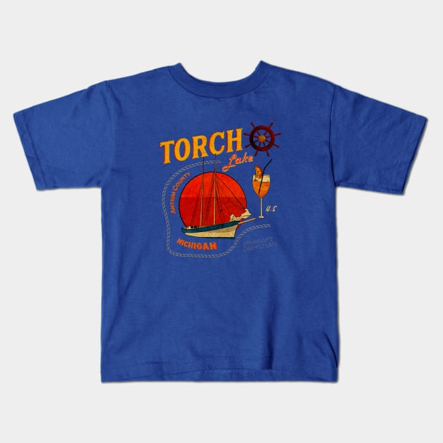 Torch Lake Boat Distressed Kids T-Shirt by Nostalgia Avenue